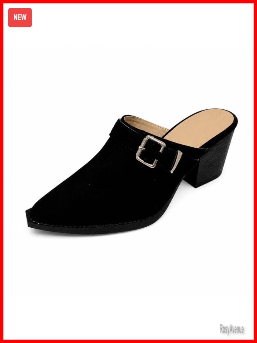 Pointed Toe Mules Slip On Faux Suede Block Heel Buckle Women's